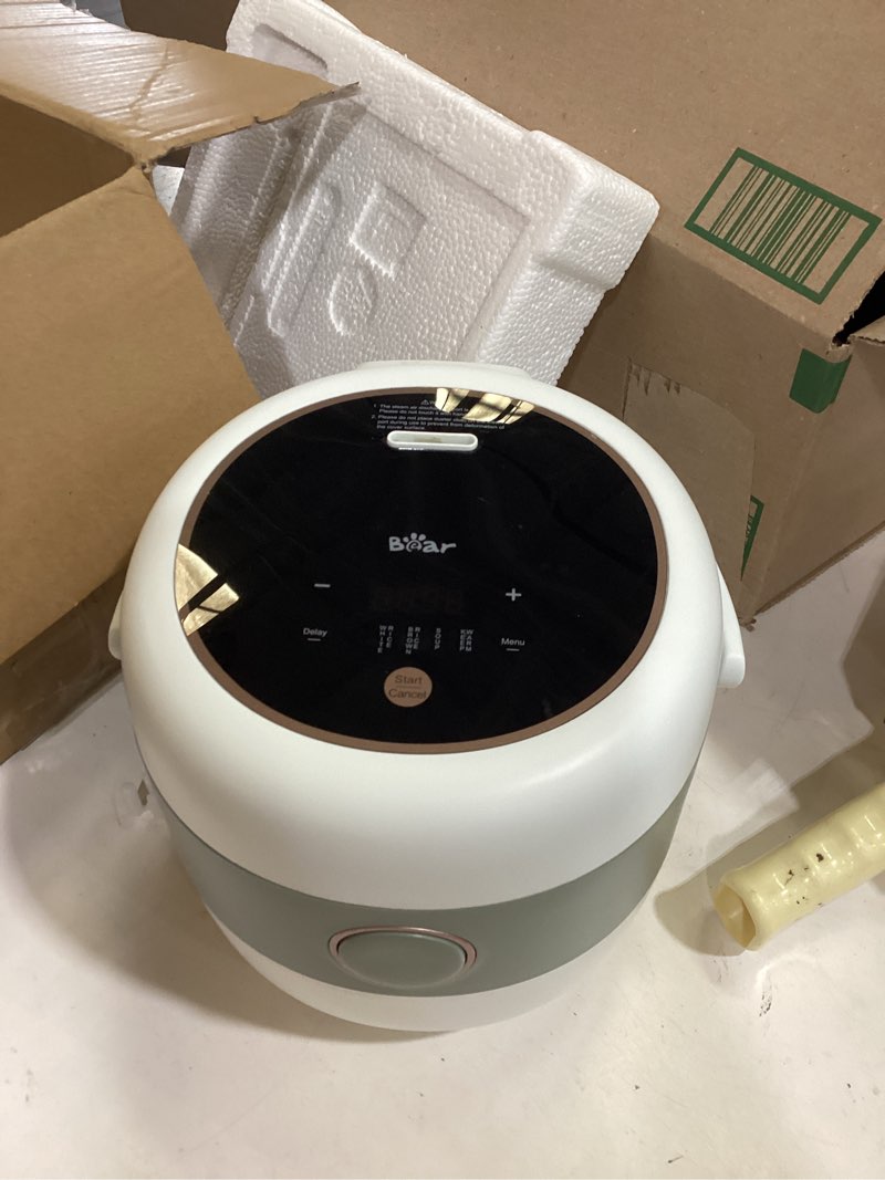 Condition photo showing As Is for bear rice cooker 3 cups (uncooked), 3d heating and fuzzy logic, healthy nonstick small rice cooker, pfas-free, touch-screen, for white/brown rice quinoa oatmeal soup