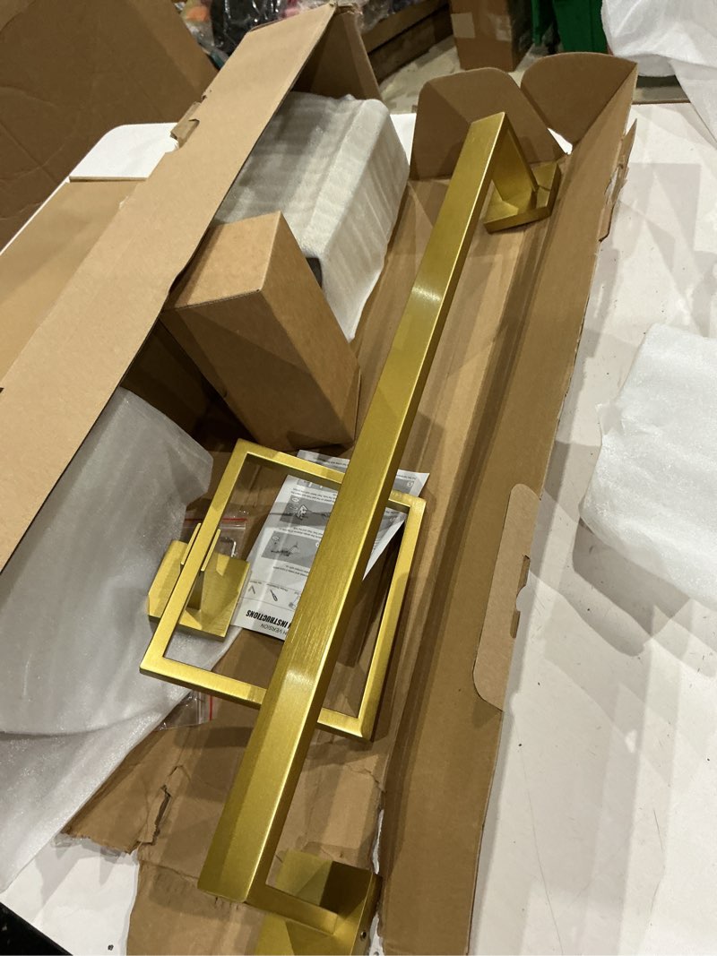 Condition photo showing Good Condition for 5-piece bathroom hardware set 23.6 inch gold towel bar set towel bar towel ring coat hook and toilet paper holder with shelf wall mounted stainless steel bathroom accessories set