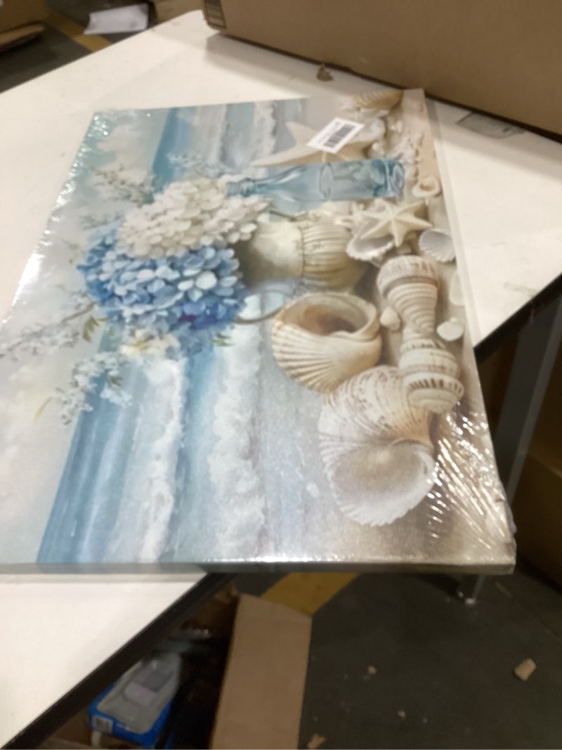 Condition photo showing New/Like New for Blue Ocean Beach Wall Art Coastal Bathroom Poster Print Sea Vase Canvas Wall Decor Seaside Seashell Painting Picture for Bathroom Bedroom Living Room Kitchen Office Framed Beach canvas 24"L x 16"W