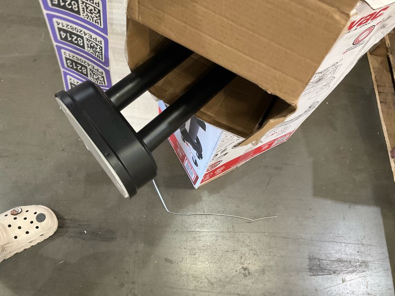 Condition photo showing As Is for allen + roth 44-in to 72-in matte black fixed or tension double curve adjustable shower curtain rod
