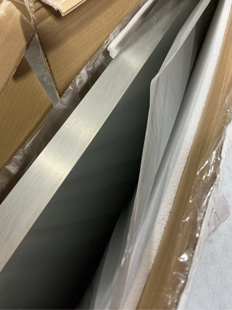 Condition photo showing Good Condition for loaao 48x30 inch brushed nickel bathroom mirror, rounded rectangle silver metal frame mirror, brushed nickel, anti-rust, shatter proof, hangs horizontally or vertically brushed nickel 48"l x 30"w
