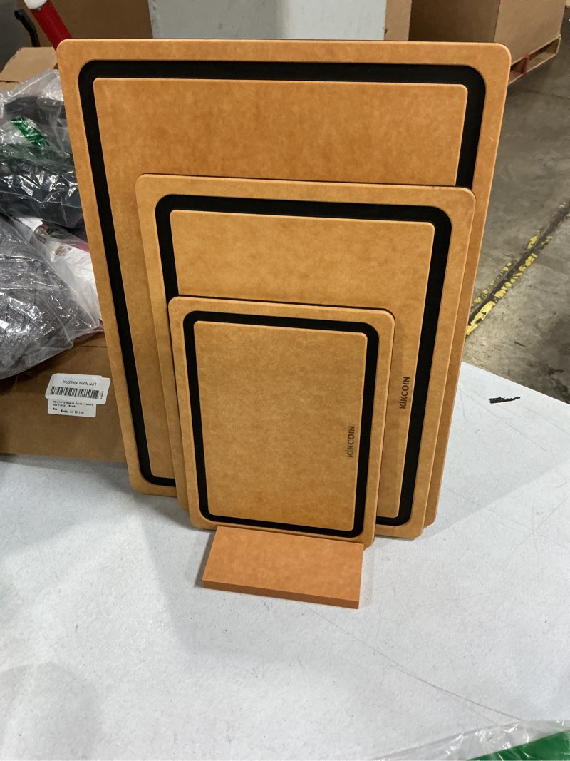 Condition photo showing Good Condition for kikcoin wood cutting board set of 3, cutting boards for kitchen with holder dishwasher safe non-slip chopping board with juice groove, wood fiber composite cutting boards rectangular set of 3