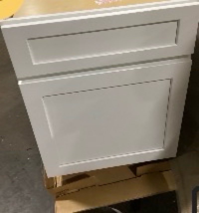 Condition photo showing Good Condition for norfolk shaker 21 in. w x 34.5 in. h x 24 in. d in painted white plywood assembled base cabinet