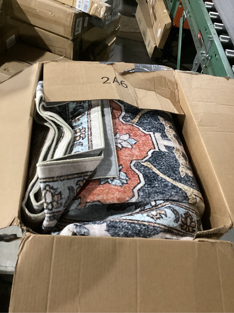 Condition photo showing Good Condition for Washable Area Rugs 8x10, Large Rugs for Living Room, Carpet for Bedroom, Soft Faux Wool Retro Dining Room Rug, Non-Slip Backing Resistant Low Pile Vintage Print Rug for Home Office (Blue/Gray) Blue/Gray 8' x 10' (Rectangular)