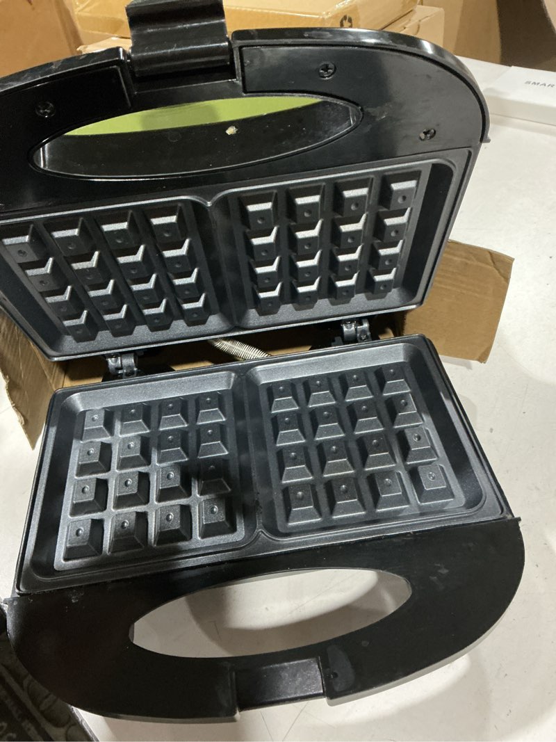 Condition photo showing As Is for elite gourmet ewm-2207# electric non-stick belgian waffle maker iron, breakfast, sandwiches, snacks, burgers and more, 2-slice, black