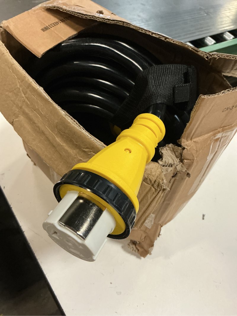 Condition photo showing As Is for kohree 25' rv power extension cord 30 amp twist lock rv adapter plug 30m/30f with rv power adapter 15 amp to 30 amp, led indicator & grip handle, 125v, 3750w, etl listed 30m/30f 25'?twist lock)