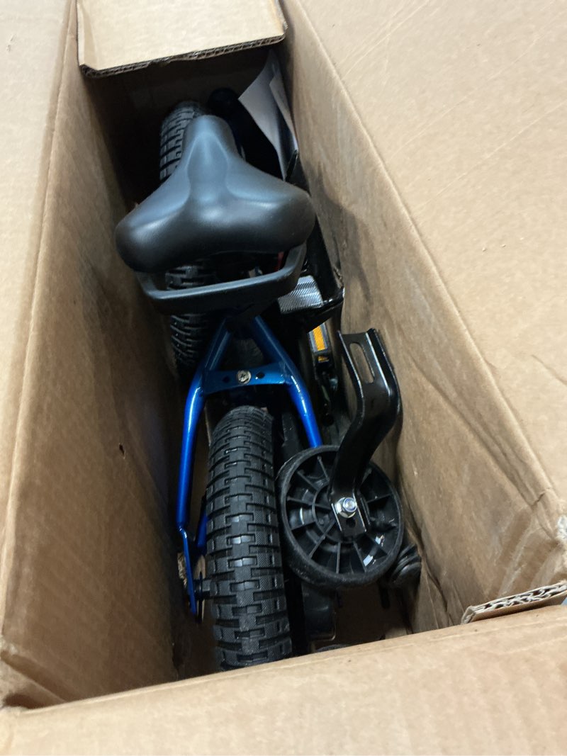 Condition photo showing As Is for children's bicycle for ages 3 to 10, 12, 14, 16, 18 inches, boys' and girls' bike with bmx-style training wheels, children's bike with dual hand and coaster brake