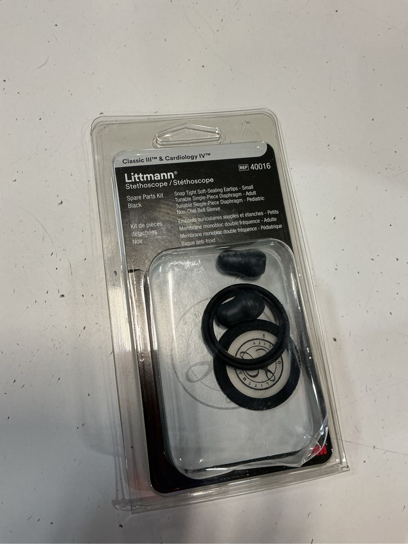 Condition photo showing As Is for 3m littmann stethoscope spare parts kit – black, compatible with classic iii™, cardiology iv™, core digital, includes eartips, adult & pediatric diaphragms, non-chill bell sleeve, 40016 classic iii and cardiology iv black