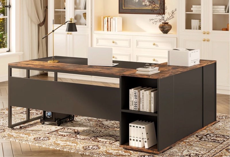 Large L-Shaped Desk, 71 inch Executive Desk with Shelves & Cabinet