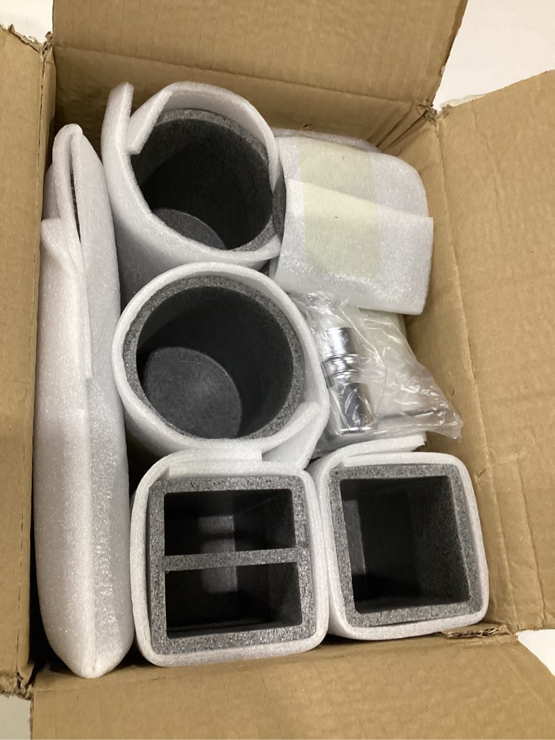 Condition photo showing Good Condition for 6-Piece Bathroom Set Grey - Stone Textured Resin Bathroom Organizer with Soap Dispenser, Toothbrush Holder, Vanity Tray, Tumbler & Cotton Swab Jars for Small Spaces
