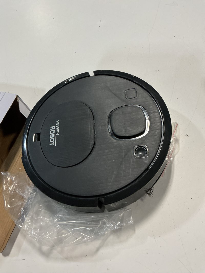 Condition photo showing As Is for robot vacuum robot vacuum and mop aspiradora robot robotic vacuum cleaner strong suction slim, low noise, ideal for pet hair hard floor and daily cleaning (black)