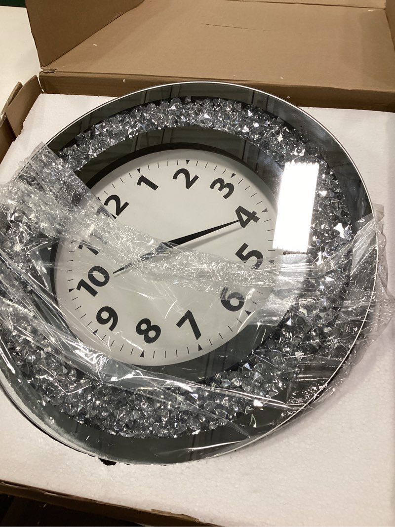 Condition photo showing New/Like New for DMDFIRST Crystal Crushed Diamond Mirrored Round Wall Clock 16x16x2 inches for Wall Decoration Silver Glass Mirror Clock Sparkle Twinkle Bling Home Decor. AA Battery is not Included. Crystal Silver
