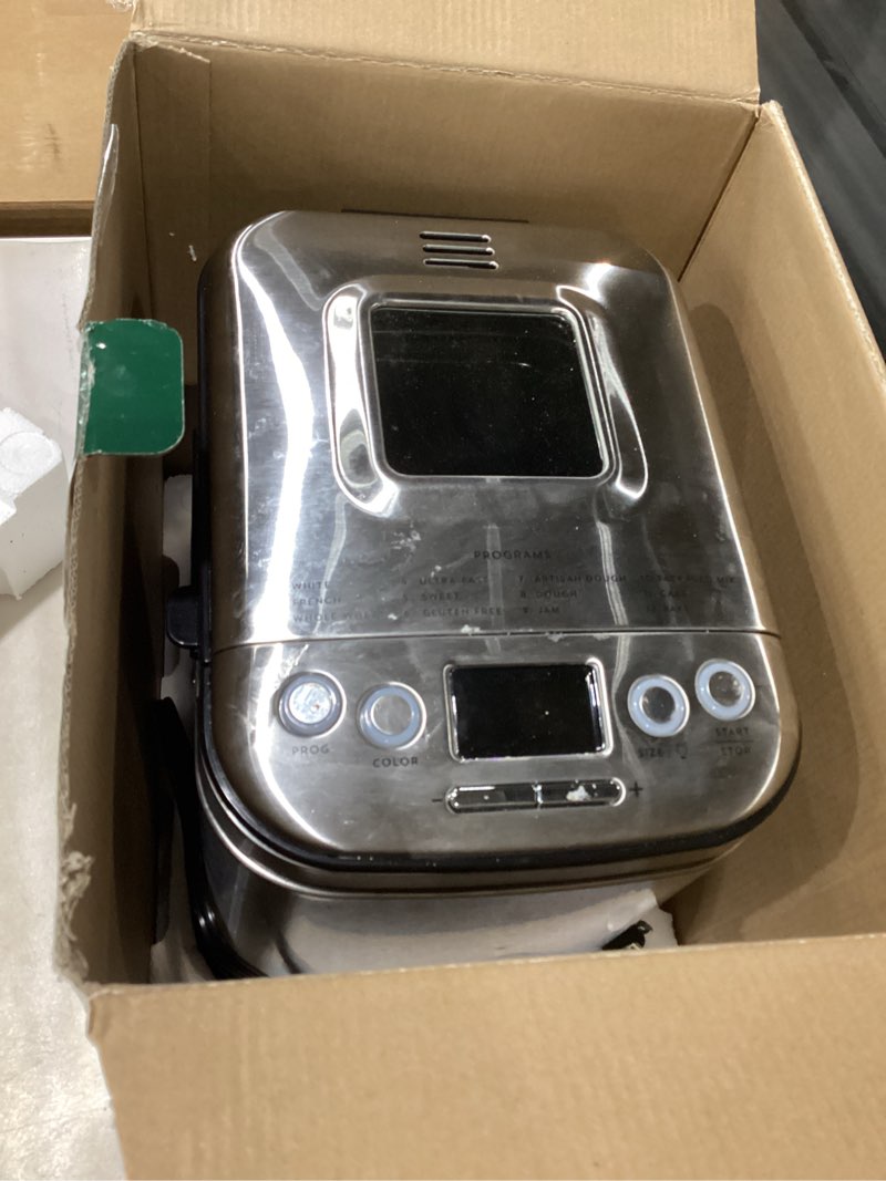 Condition photo showing As Is for Cuisinart Bread Maker Machine, Stainless Steel Automatic Bread Machine with 12 Menu Options, 3 Loaf Sizes up to 2 Lb., 3 Crust Colors, Removable Nonstick Baking Pan & Kneading Paddle, CBK-110NAS Compact Machine