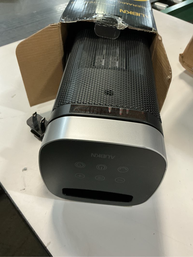 Condition photo showing Good Condition for portable space heater, 1500w ceramic heating fan with thermostat, remote control, 3 heating modes, 70° oscillation, ideal for office, home, and bedroom use