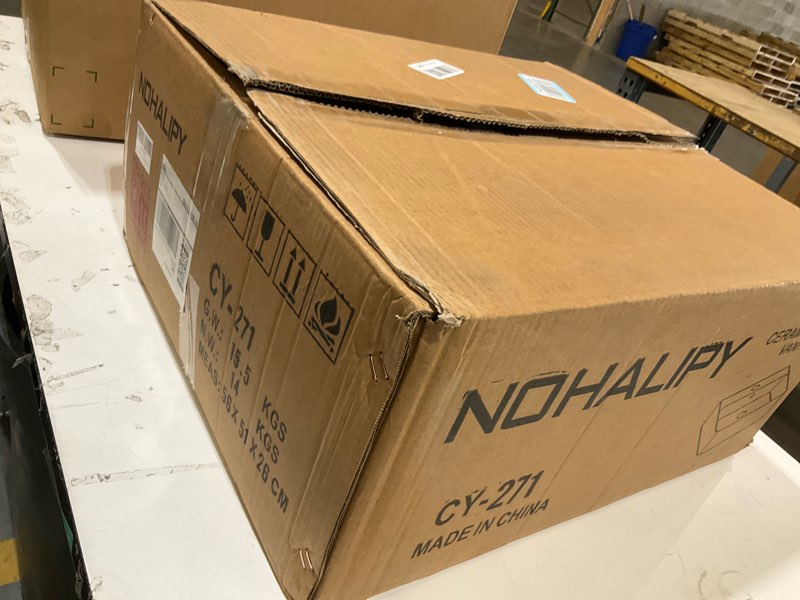 Condition photo showing Good Condition for nohalipy 18.1 x 16.5 inch modern white rectangle wall mounted bathroom sink, mini floating bathroom vessel sinks, small porcelain corner wall mount sink for rvs, restroom, toilet