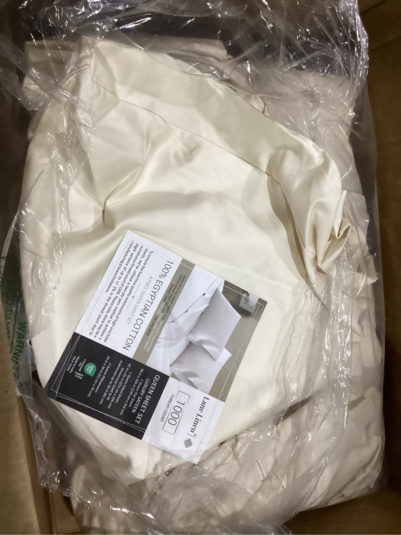 Condition photo showing As Is for 100% organic cotton sheets queen size - gots certified organic bed sheets with deep pocket 300 thread count & cozy sateen weave gets softer with each wash - luxury 3 piece set (natural, queen), not exact, similar to stock photo