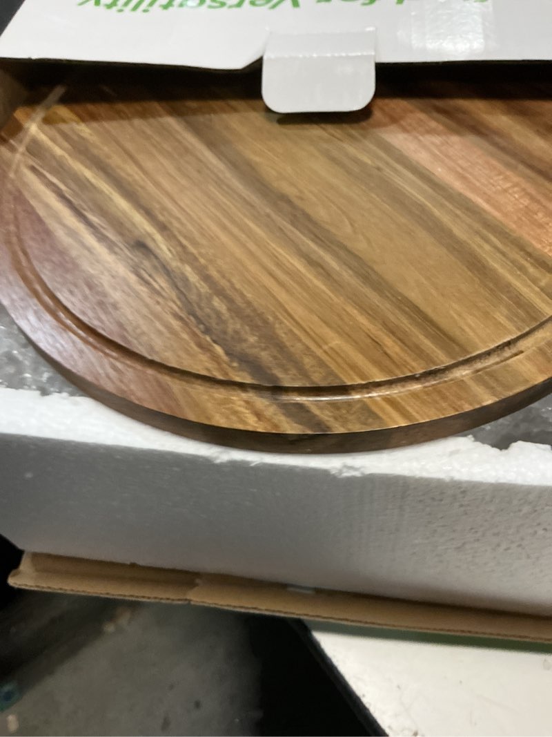 Condition photo showing Good Condition for Linda's Essentials Acacia Wood Cake Stand with Lid - 12 Inch Round Cake Holder Stand with 5 Bonus Cake Sheets, 2-in-1 Wooden Cake Stand with Dome & Charcuterie Board for Cheese, Cake Plate with Lid