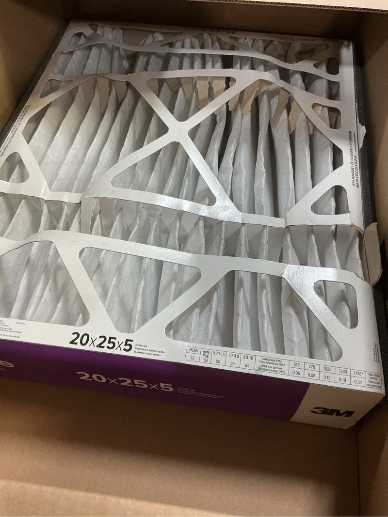 Condition photo showing As Is for Filtrete 20x25x5 AC Furnace Air Filter, MPR 1550, MERV 12, Fits Trion AirBear, CERTIFIED Asthma & Allergy Friendly, Electrostatic Air Cleaning Filter, 1-Pack (actual size 19.56 x 24.13 x 4.75) 4.7\" x 24.2\" x 19.6\"