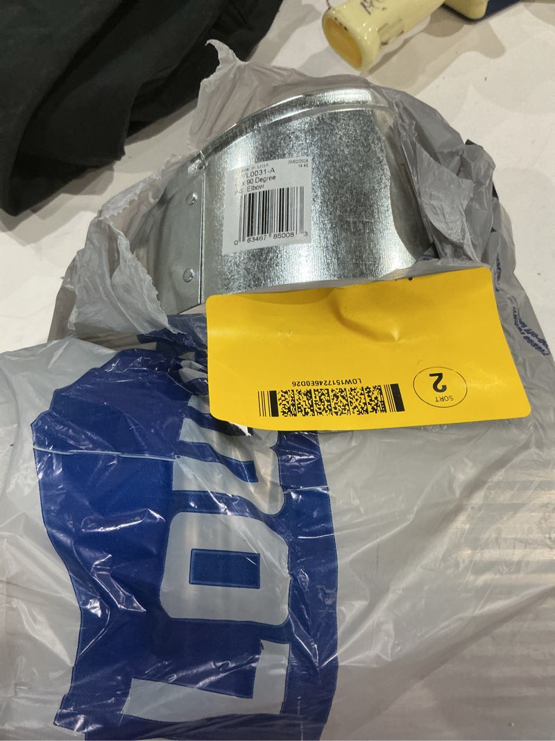 Condition photo showing As Is for imperial 6-in 30 gauge galvanized steel round adjustable 90 degree duct elbow