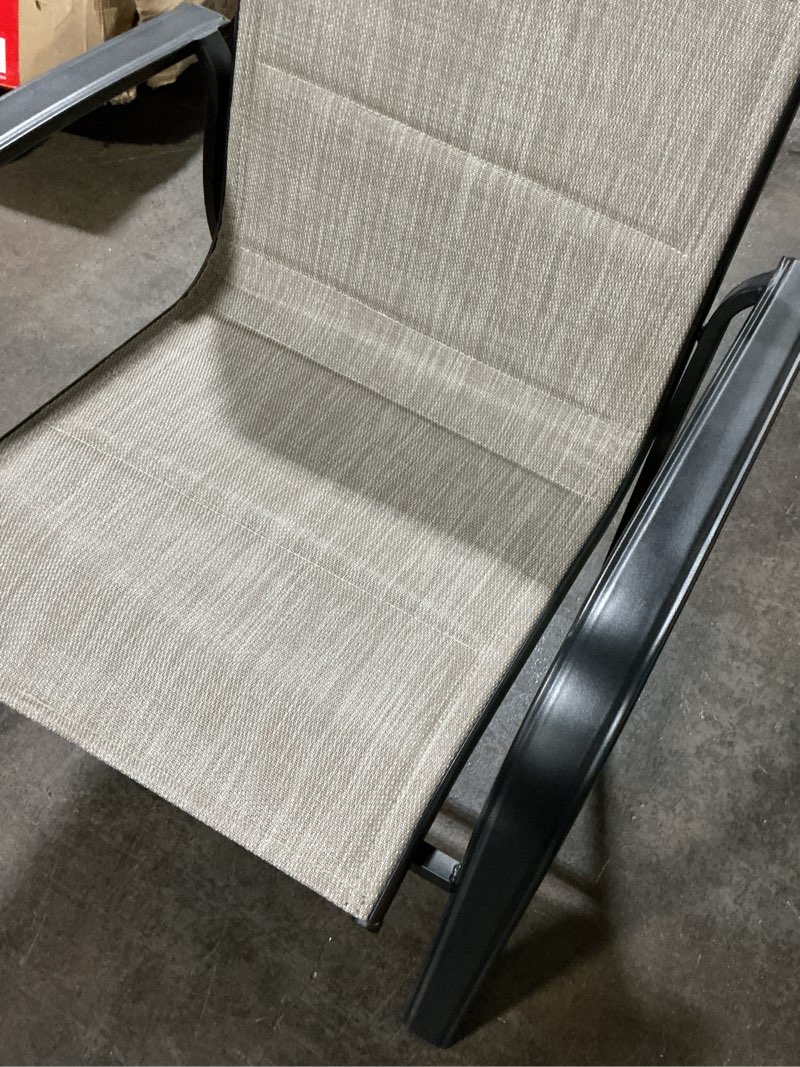 Condition photo showing Good Condition for style selections pelham woven stackable black metal frame stationary dining chair with tan sling seat