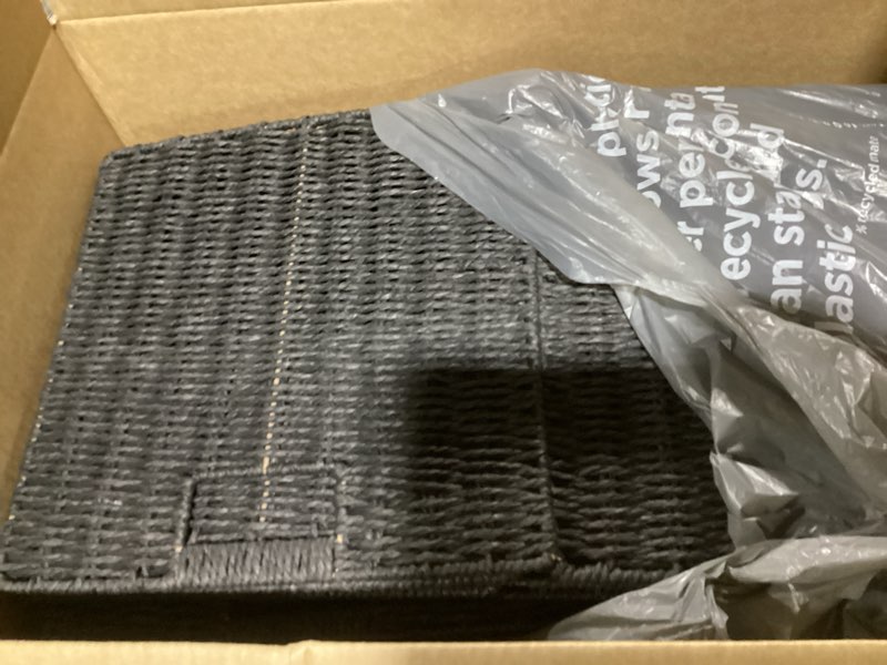 Condition photo showing As Is for UBBCARE 4 Pack Wicker Basket, 10.5×10.5 Storage Cubes with Label, Foldable Cube Storage Bin with Handle, Square Storage Basket for Shelves, Woven Paper Rope Basket for Organizing, Black 4pack-10.5L×10.5H×9.5W Black