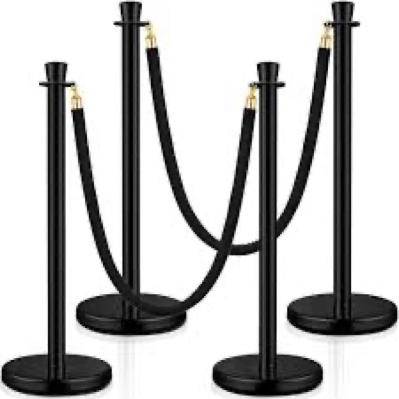 4 pack black  stainless steel stanchion post and 3 pack 5 ft red velvet ropes and stanchion poles set crowd control barriers with fillable base used for party wedding theaters red carpet 4 poles & 3 ropes black
