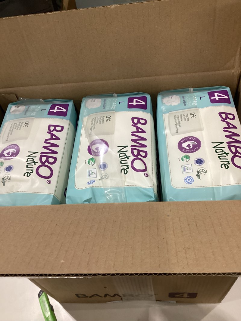 Condition photo showing New/Like New for bambo nature hypoallergenic baby diapers, eco-labeled diapers, enhanced leakage protection, totally chlorine-free, skin friendly, and super absorbent - size 4 (144 count) size 4 144