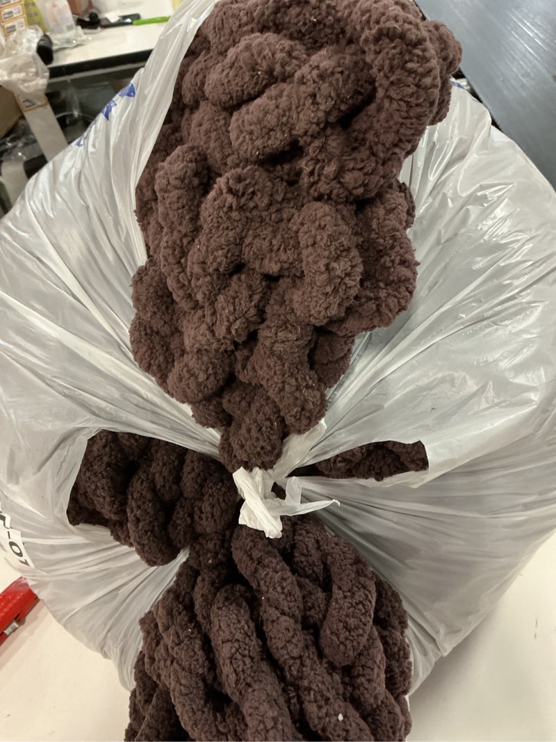 Condition photo showing As Is for Bigacogo Chunky Knit Throw Blanket for Couch, 40x80 inches, 100% Hand Knitted with Thick Jumbo Chenille Yarn, Cozy Soft Large Rope Knot Cable Crochet Blankets for Sofa Bed Living Room, Chocolate Chocolate With Purple Tone 40"x80" (Special Size Throw)
