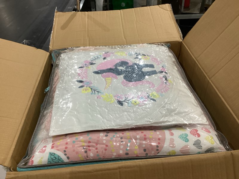 Condition photo showing New/Like New for intelligent design kids comforter vibrant fun and playful unicorn print down alternative all season children bedding-set, girls bedroom décor, twin/twin xl, cloud pink with 2 dec pillows twin cloud pink