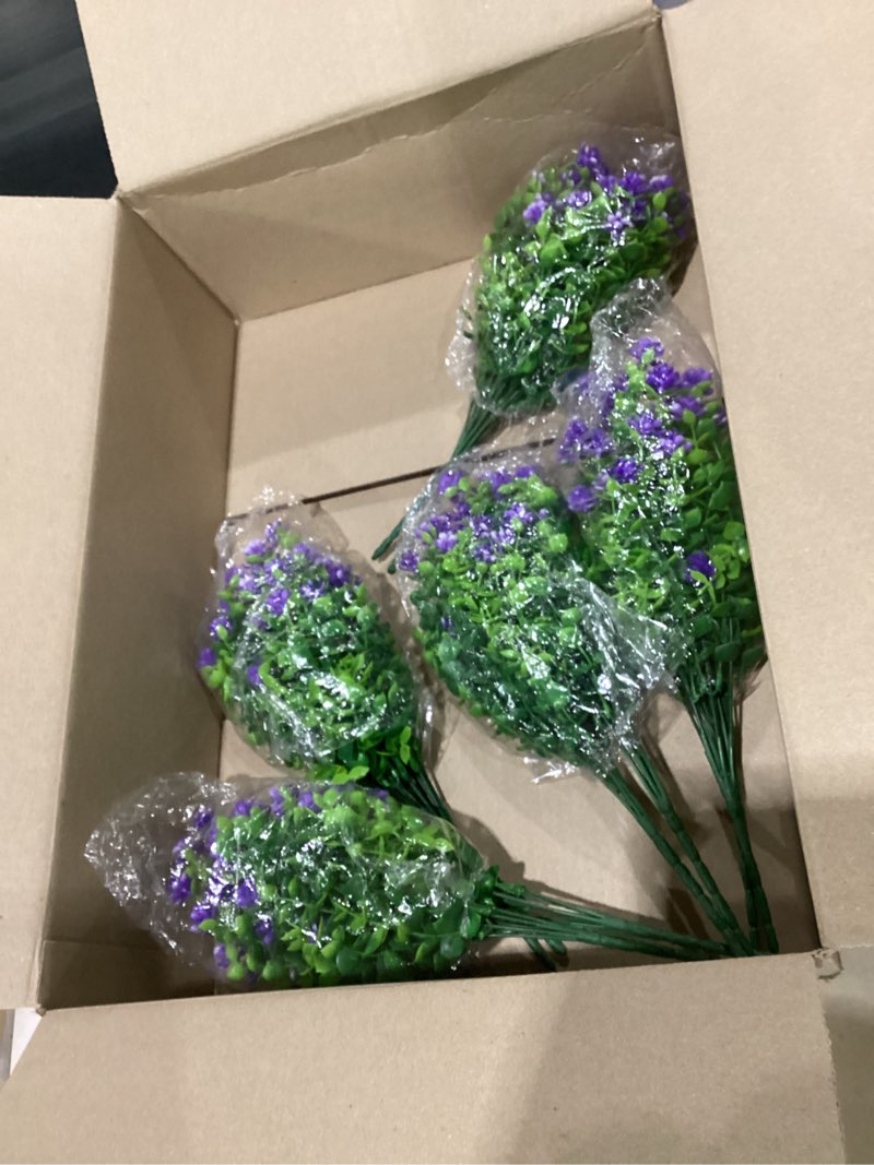 Condition photo showing As Is for recutms fake outdoor flowers artificial flowers plants for window boxes spring outdoor home decoration, 10 bundles fake faux eucalyptus for outside home planter porch patio window yard decor(purple) purple 10 pcs