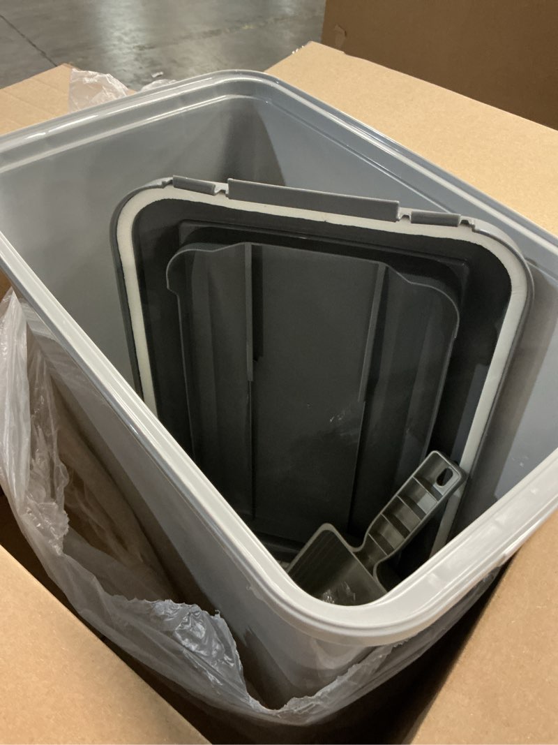 Condition photo showing Good Condition for iris usa dog food storage container with wheels, airtight lid, 2-cup scoop, up to 30 pounds pet food storage, built in scoop storage in lid, versatile pet food bin, portable, bpa free, gray/dark gray 30 lbs gray/dark gray