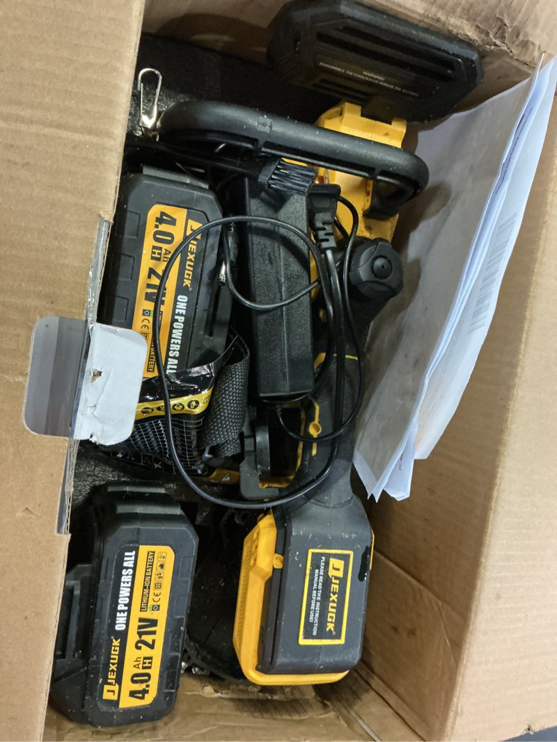 Condition photo showing As Is for 12" brushless chainsaw, 21v cordless chainsaw with 2 x 4.0ah battery, electric motosierra de gasolina with 2 x chains & guide plate, eléctrica rechargeable saw for wood cutting trimming branch
