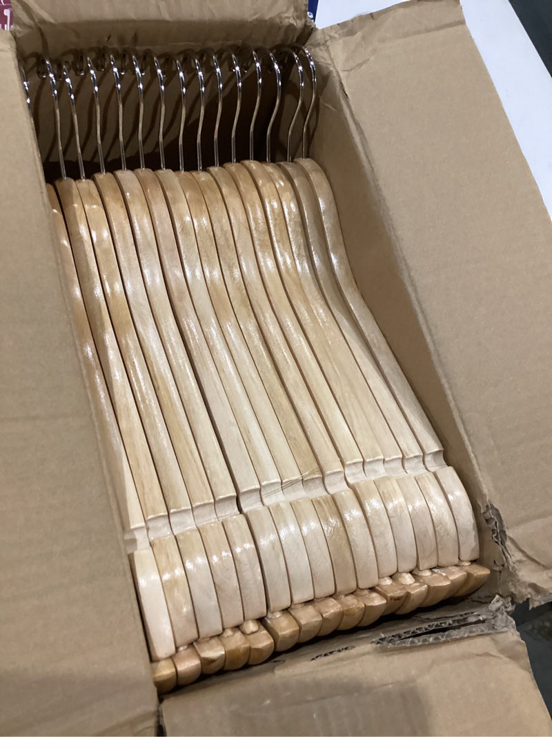 Condition photo showing Good Condition for TOPIA HANGER Wooden Hangers 30 Pack, Natural Wood Clothes Hangers, Durable Coat Hanger with 360-Degree Rotatable Hook, Non-Slip Pants Bar and Shoulder Notches for Camisole Tops-CT34N30 Natural 30 PCS