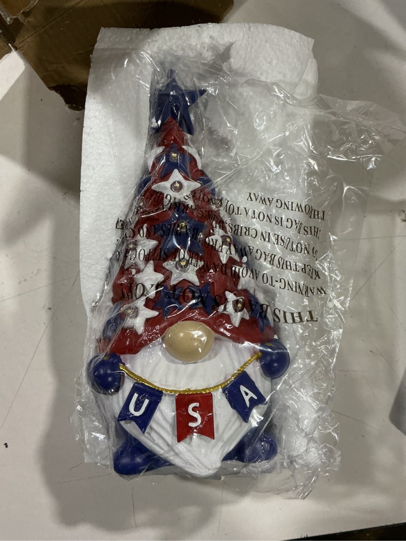 Condition photo showing Good Condition for dn deconation 4th of july & memorial day decorations with lights, patriotic gnome decor lighted red blue independence day tabletop decor usa resin gnome with stars gifts for table tiered tray