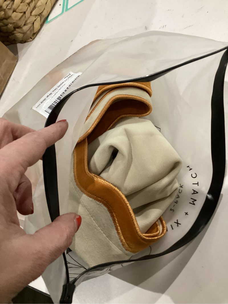 Condition photo showing As Is for MONDAY MOOSE Decorative Throw Pillow Covers Cushion Cases, Set of 2 Soft Velvet Scalloped Wavy Edge Designs, Mix and Match for Home Decor, Pillow Inserts Not Included (18x18 inch, Beige/Brown) 18" x 18" (Pack of 2) Beige/Brown