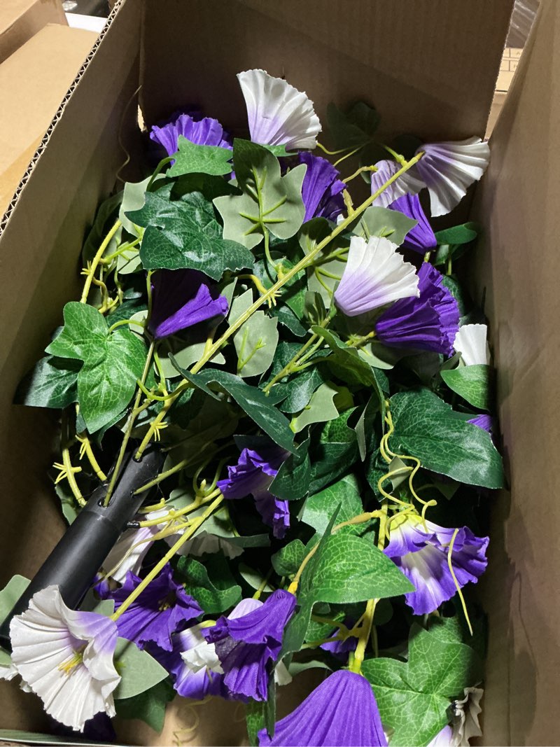 Condition photo showing Good Condition for elyum 2 pack artificial flowers topiary ball trees for outdoors, 19.7" lifelike morning glory fake bushes plants, uv resistant fake plants faux shrubs with ground spike for porch garden decor (purple) mixed purple 2 pack