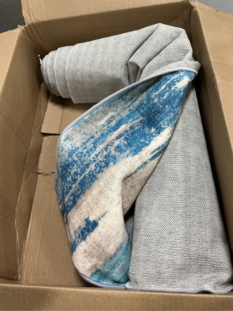 Condition photo showing Good Condition for Modern Abstract Runner Rug 2.6x8, Blue Washable Kitchen Runner Non-Slip Soft Hallway Rug Runner Thin Print Faux Wool Carpet for Entryway Bedroom Laundry Room Indoor Home Decor 2'7" x 8' (Runner) Blue Aqua/Beige Taupe Multi