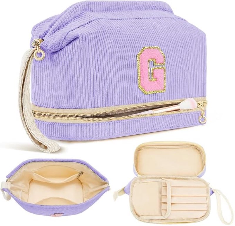 Initial Travel Makeup Bag for Women, Personalized Gift Large Double Layer Make Up Gift Cute Cosmetic F