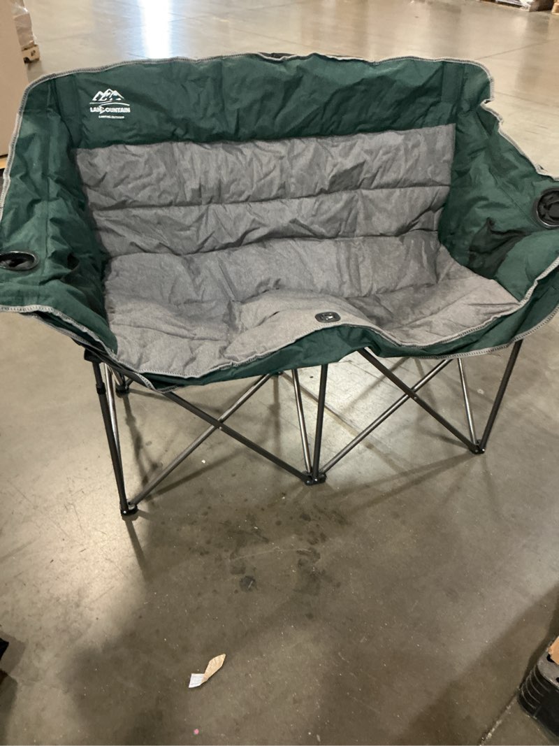 Condition photo showing As Is for fully padded folding double camping chairs,comfy oversized loveseat lawn chair w/wine glass holder,cup holder,heavy duty outdoor portable camp couch support 600 lbs,dark green