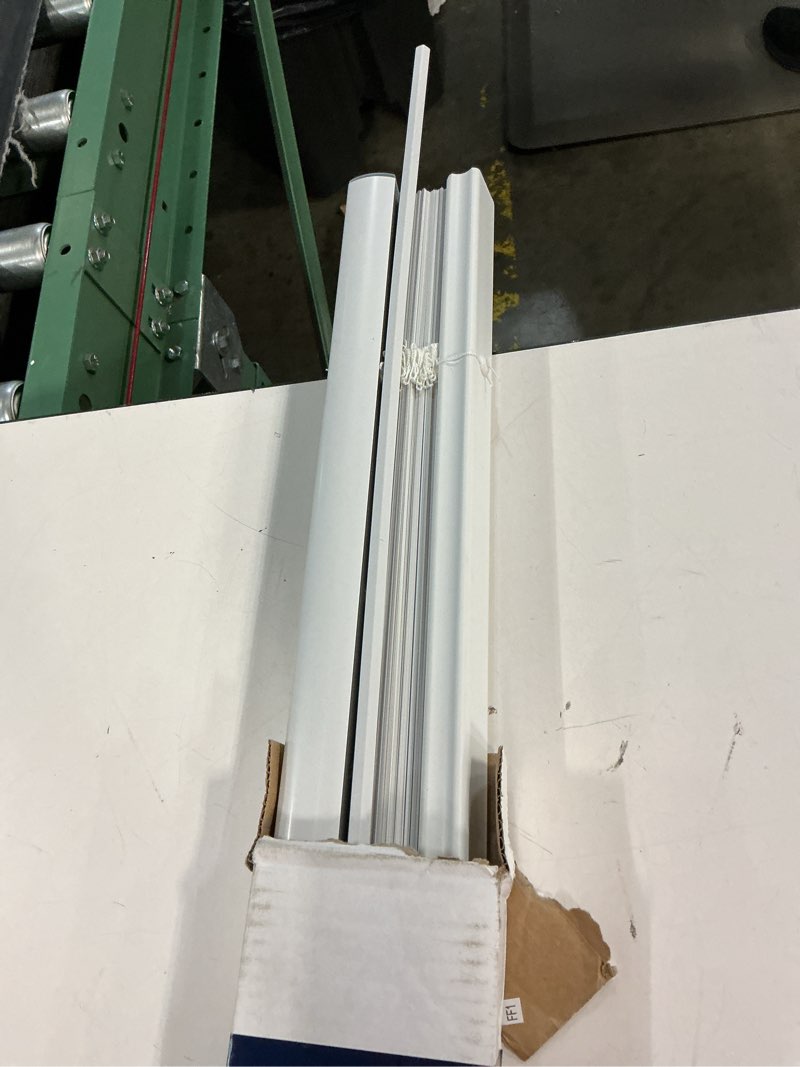 Condition photo showing As Is for project source 1-in slat width 24-in x 64-in cordless white vinyl light filtering mini-blinds