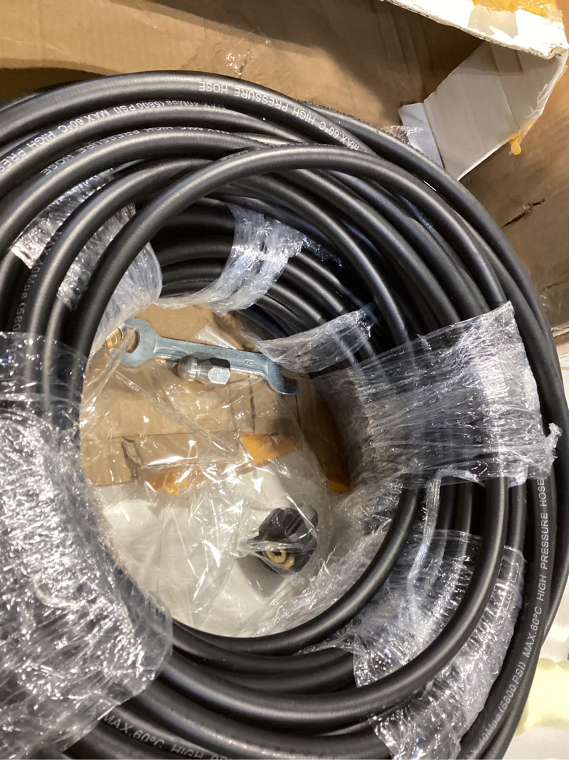 Condition photo showing As Is for 200FT Sewer Jetter Kit for Pressure Washer, 5800PSI Drain Cleaner Hose 1/4 Inch NPT Corner, Rotating and Button Hose Sewer Jetting Nozzle Pearl Corsage Pin Waterproof Tape with 2 Spanner
