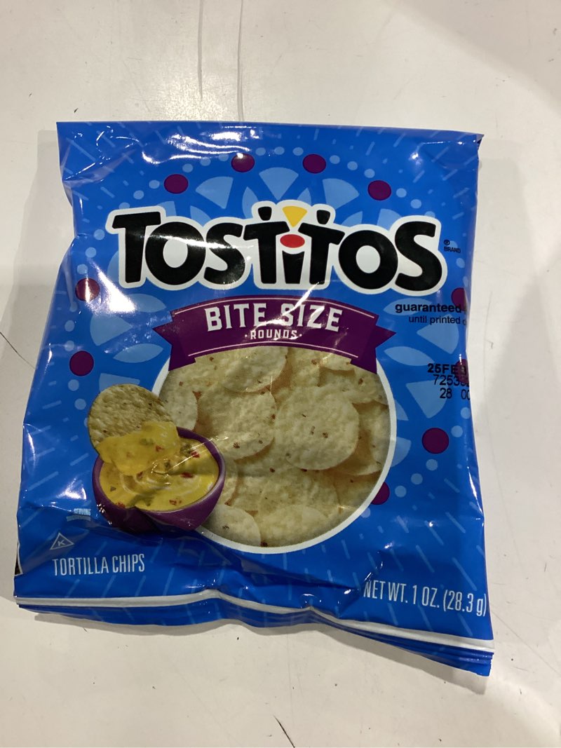Condition photo showing New/Like New for **best by: 02/25/2025**  tostitos, bitesize rounds, 1 ounce (pack of 40) bite size rounds