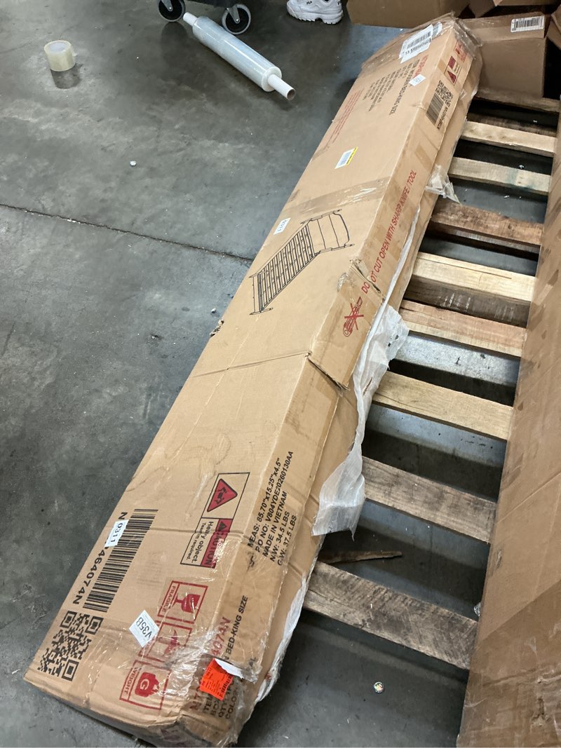 Condition photo showing As Is for modern farmhouse easy assembly brown solid wood frame king platform bed with spindle detailing