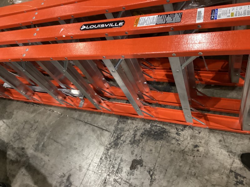 Condition photo showing As Is for louisville ladder 14-foot fiberglass twin front step ladder, 375-pound load capacity, type iaa, fm1414hd front ladder 14 feet