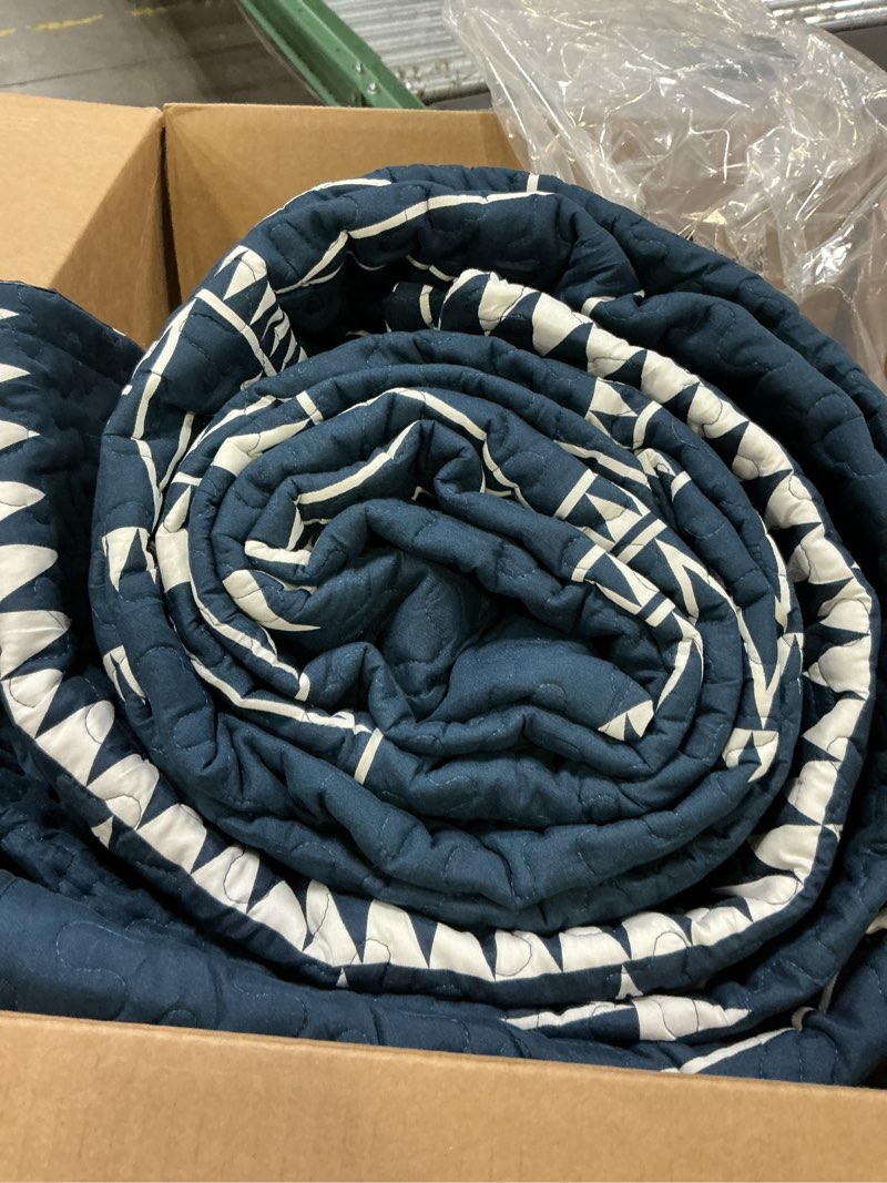 Condition photo showing As Is for Andency Navy Blue Quilt Set Queen (90x96 Inch), 3 Pieces(1 Striped Triangle Printed Quilt and 2 Pillowcases), Bohemian Summer Lightweight Reversible Microfiber Bedspread Coverlet Sets 02 - Navy & Printed Pattern Queen (90*96 in)