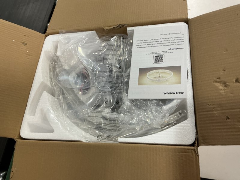 Condition photo showing New/Like New for Ceiling Fans with Lights and Remote, 20'' Low Profile Flush Mount Ceiling Fan with 6 Speeds & 3 Color Temperature, 3000-6500K Dimmable Led Fandelier for Bedroom Livingroom, White