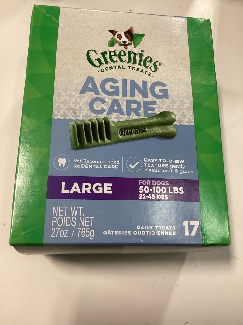 Condition photo showing Good Condition for (Best By Oct/27/2025)/Greenies Dental Treats for Dogs, Veterinarian-Recommended Aging Care Adult Natural Dental Dog Treats, Large Size, 27 oz. Pack, 17 Count Aging Care 17 Count (Pack of 1)