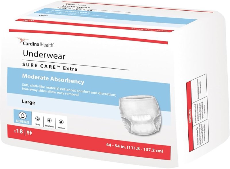 cardinal health™ protective underwear, sure care™ plus, heavy absorbency, size small/medium, pull-on adult disposable underwear with tear-away seams, cloth-like & discreet – case of 80 small/medium case of 80