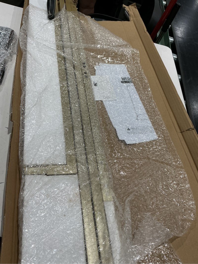 Condition photo showing As Is for black wedding easel stand for sign board, 50x30x20 welcome to our wedding sign display stand w/ design bundle & leather straps for hanging, matte steel frame, heavy duty easel stand welcome sign wedding decoration (incomplete)