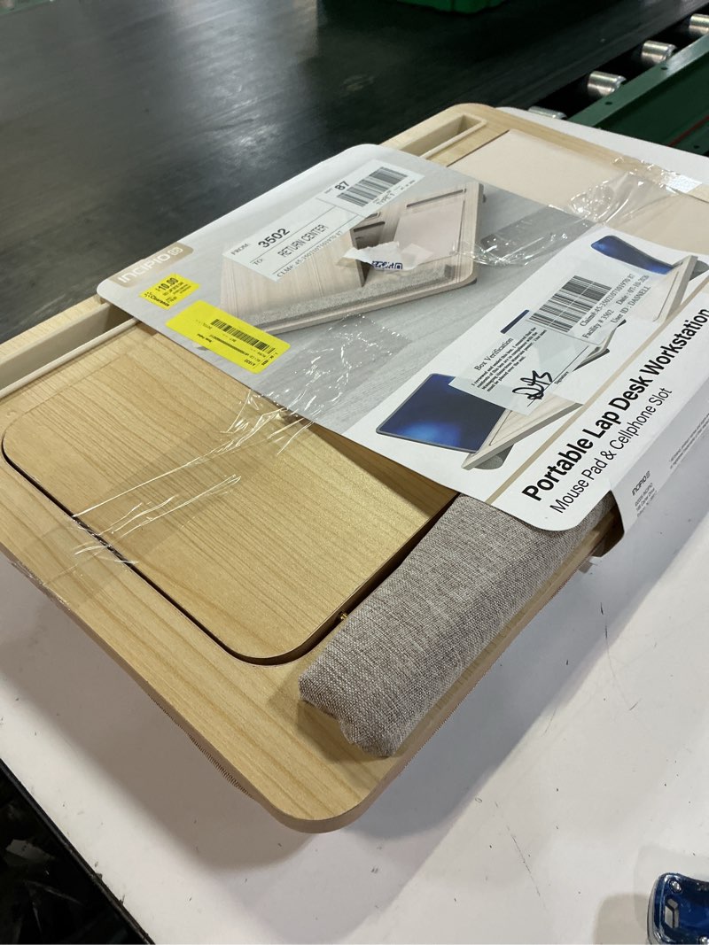 Condition photo showing Good Condition for incipio portable lap desk workstation with cushion base & carry handle, built-in mouse pad, tablet & phone holder slots, adjustable laptop stand for bed, couch & office use-oak